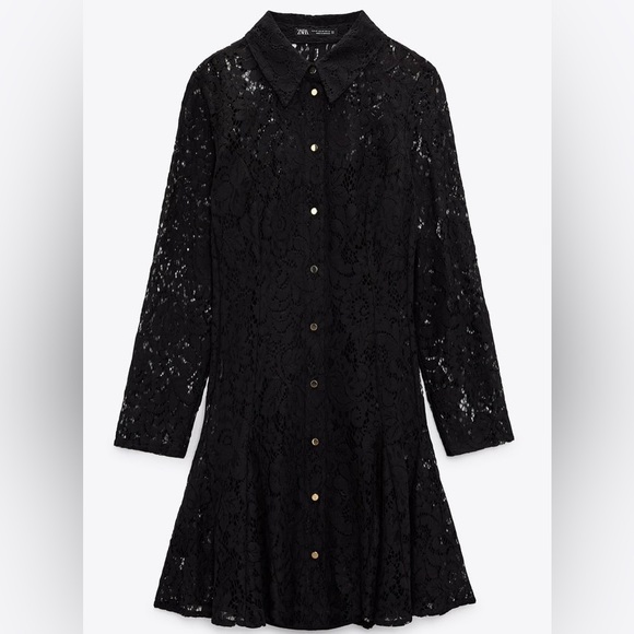 ZARA MINI LACE SHIRT DRESS SIZE L COLOR BLACK (RUNS SMALL) NWT - Picture 7 of 14